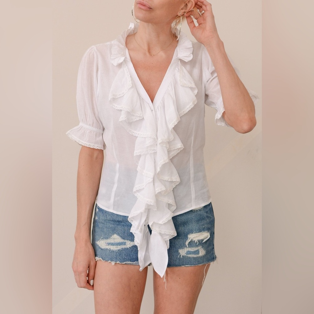 Vetiver White Ruffle Puff Sleeve Mystic Tie Top Blouse Size 6